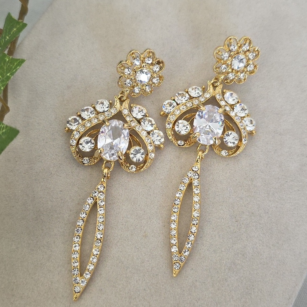 Long Statement Earrings Gold with Clear Crystal Chandalier